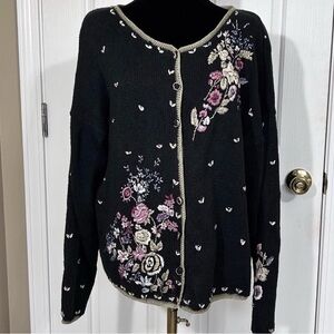 Vintage Heirloom Collectibles Floral Embroidered Cardigan Sweater Black Size L